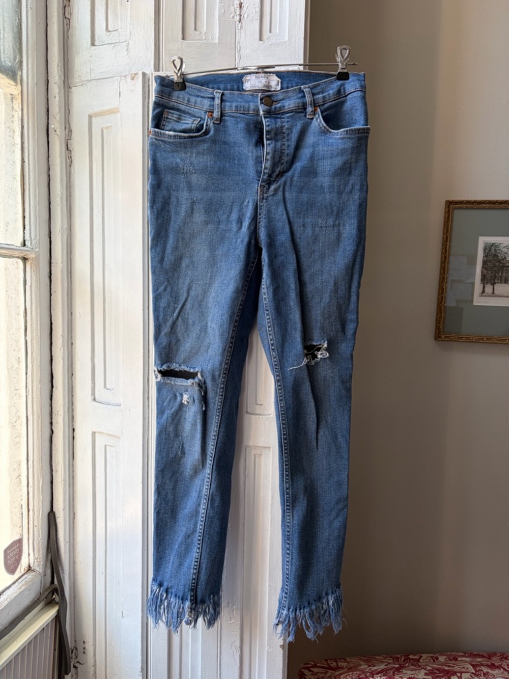 Free People Blue Distressed Ankle Jeans with Frayed Hem